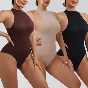 Women High Elastic Ribbed Bodysuit Tummy Control Shapewear Sleeveless Halter Mock Neck Slim Fit Body Shaper Top With Buckle