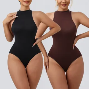 Elegant high-elasticity ribbed mock neck sleeveless bodysuits for women in black and brown