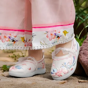 Traditional Chinese embroidered floral shoes for girls matching elegant Hanfu costumes