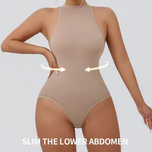 High elastic tummy control shapewear bodysuit in beige with a ribbed knit texture.