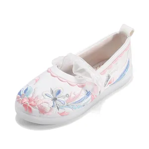 Traditional girls' Hanfu embroidered shoes featuring pink floral patterns on white fabric
