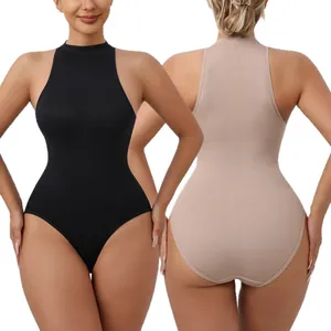Sleeveless high-stretch belly control bodysuit for women with chic turtleneck design