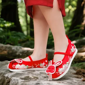 Traditional red Hanfu embroidered shoes for girls with cute rabbit design