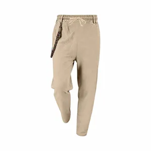 Men's loose khaki linen casual pants with drawstring waist and braided chain detail