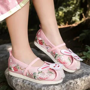 Traditional pink Hanfu embroidered shoes for girls with cute bunny decor and pearls