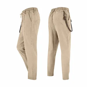 Men's loose linen casual trousers with drawstring waist shown from side and back view.