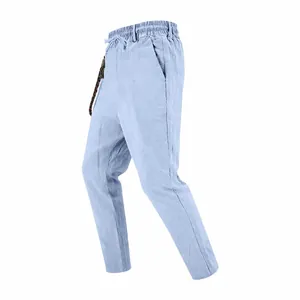 Men's light blue casual linen straight-leg pants featuring elastic drawstring waist
