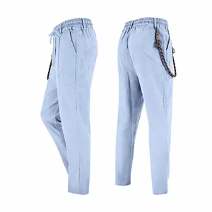 Front and back detail views of light blue linen-blend casual drawstring pants