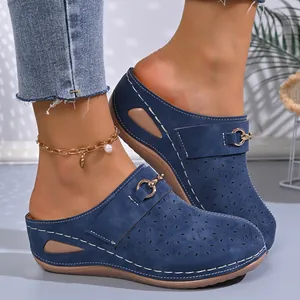 Detail showing blue wedge clogs with perforated floral pattern and buckle decoration