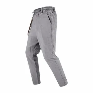 Detailed view of men's gray loose linen casual pants with elastic drawstring waistband