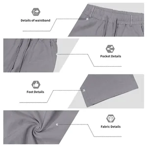 Detailed view of waistband, pockets, and fabric texture of men's loose linen casual pants.