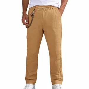 Men's loose linen straight-leg casual pants in tan with drawstring waist detail