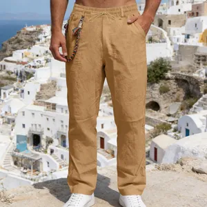 Men's loose khaki linen casual straight pants with drawstring and braided accent