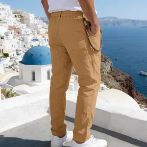 Back view of men's loose khaki linen casual pants with braided drawstring
