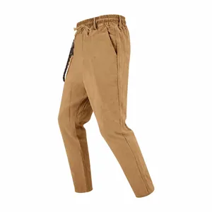 Side view of men's loose khaki linen casual straight-leg trousers with drawstring waist