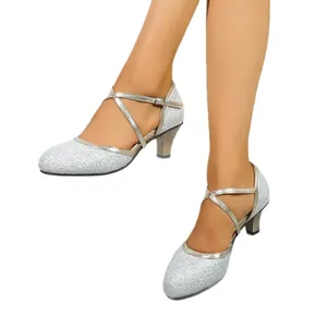 Elegant silver glitter dance shoes with gold straps for waltz and stage performance
