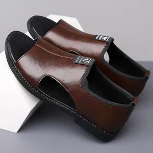 Classic brown men's Roman leather sandals with non-slip sole and stylish cutout design