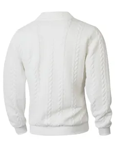 Detailed back view of men's white cable knit long sleeve polo sweater with texture