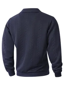 Back view detail of men's navy blue long sleeve polo sweater with jacquard texture
