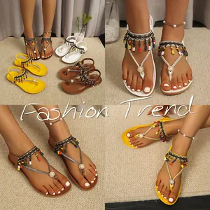 Bohemian flat thong sandals with colorful beads and rhinestones in multiple colors