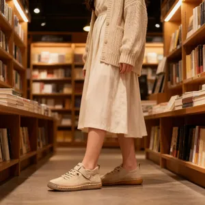 Beigefarbene lässige Lederstiefel für Damen in einer gemütlichen Buchhandlungsszene