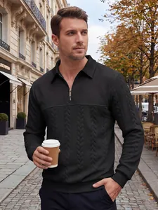 Men's casual slim fit black half-zip polo shirt with a unique textured jacquard pattern