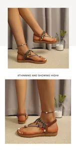 Bohemian flat sandals with colorful beads and rhinestones shown on model feet.