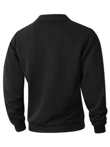 Back view of men's black jacquard knit long sleeve polo shirt with textured ribbed cuffs