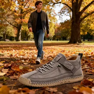 Detailansicht grauer mittelhoher Freizeit-Arbeitsstiefel in einem herbstlichen Park.