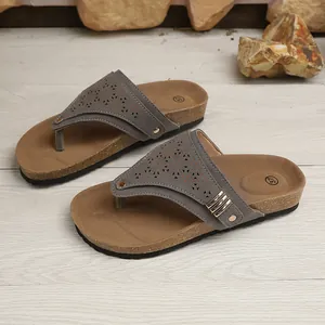 Summer flat flip-flop sandals for women with grey hollow-out straps and cork sole