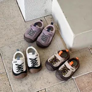Breathable outdoor walking shoes for children in purple, white, and brown colors