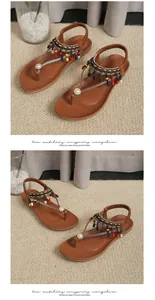 Stylish Bohemian beaded flat sandals with rhinestones and elastic heel strap in brown finish