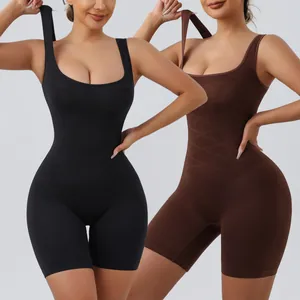 Seamless wide strap shapewear bodysuit with tummy control and hip lifting shorts in black and brown