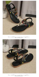 Bohemian rhinestone T-strap sandals with colorful beads and elastic back strap