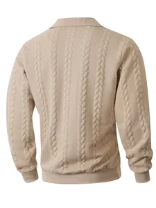 Back view of men's beige waffle knit polo shirt with cable jacquard texture