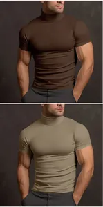 Men's tight mock neck short sleeve muscle fit T-shirt in brown and khaki color options