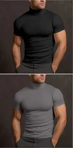 Slim fit men's half-high collar T-shirt in black and grey, athletic muscle fit style.