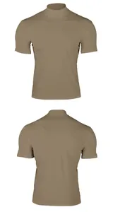 Detailed front and back views of a men's slim fit khaki short sleeve mock neck t-shirt