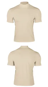 Front and back view of men's beige slim fit mock neck short sleeve T-shirt detail