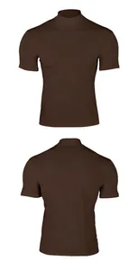 Front and back view of men's dark brown tight-fitting mock neck short sleeve T-shirt