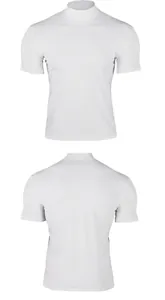 Front and back detail of a men's white mock neck slim-fit short sleeve T-shirt.