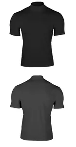 Detailed front and back views of a classic black slim-fit mock neck T-shirt for men.