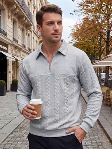 Men's textured half-zip polo shirt in grey featuring cable and diamond knit patterns