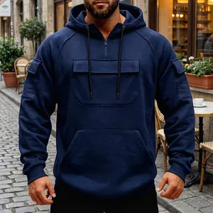 Mens navy blue multi-pocket warm drawstring hoodie with half zipper in street style