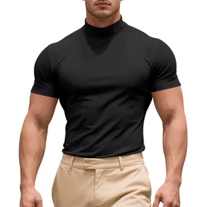 Men Mock Neck Short Sleeve T-Shirt Polyester Spandex Muscle Fit Fashion Solid Color Tight Undershirt Summer Casual Base Layer Top