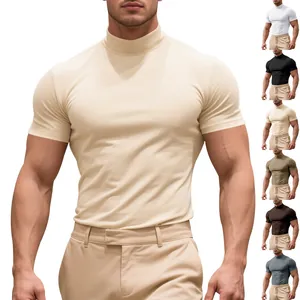 Men's athletic slim fit mock neck short sleeve T-shirt in multiple solid colors for summer