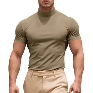 Premium men's slim fit mock neck short sleeve T-shirt in khaki solid color for summer