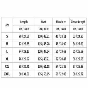 Detailed size guide for men's stand collar top with S-XXXL measurements in cm and inches