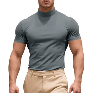 Men's tight-fit mock neck short sleeve T-shirt in solid gray, stylish base layer top.