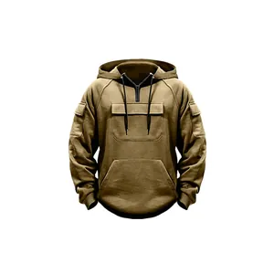Close-up detailed front view of a khaki multi-pocket tactical hoodie with drawstring